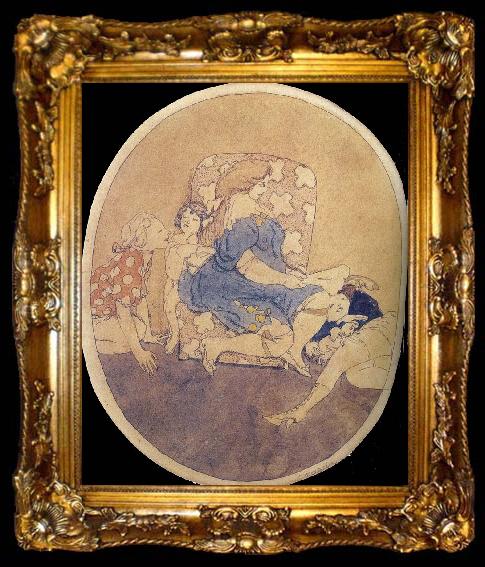 framed  Jules Pascin Lady and Children with  dog, ta009-2